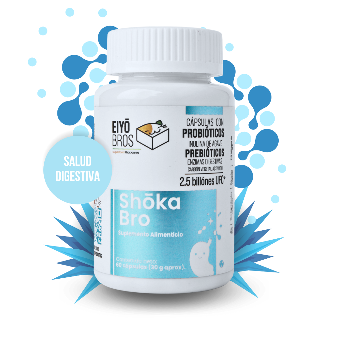 Shoka Bro con 7 sepas de Probióticos, Prebióticos (inulina de agave), Enzimas Digestivas, Carbon Activado y 2.5 billones de UFC (salud digestiva)
