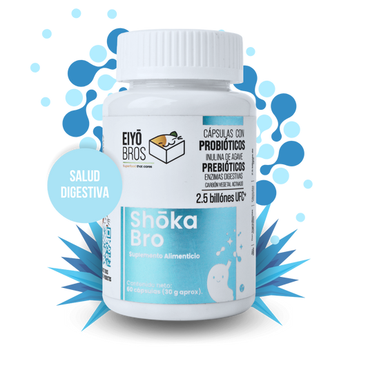 Shoka Bro con 7 sepas de Probióticos, Prebióticos (inulina de agave), Enzimas Digestivas, Carbon Activado y 2.5 billones de UFC (salud digestiva)