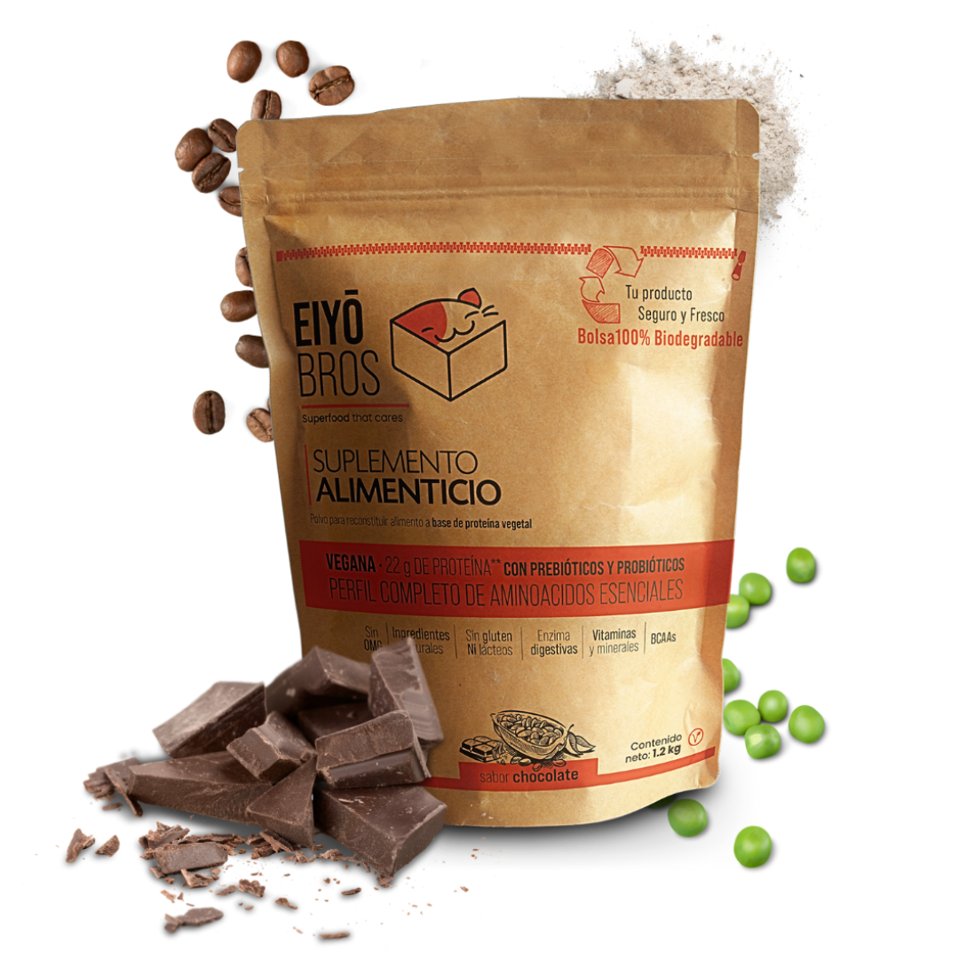 Proteína vegetal sabor chocolate 600 g empaque 100% biodegradable