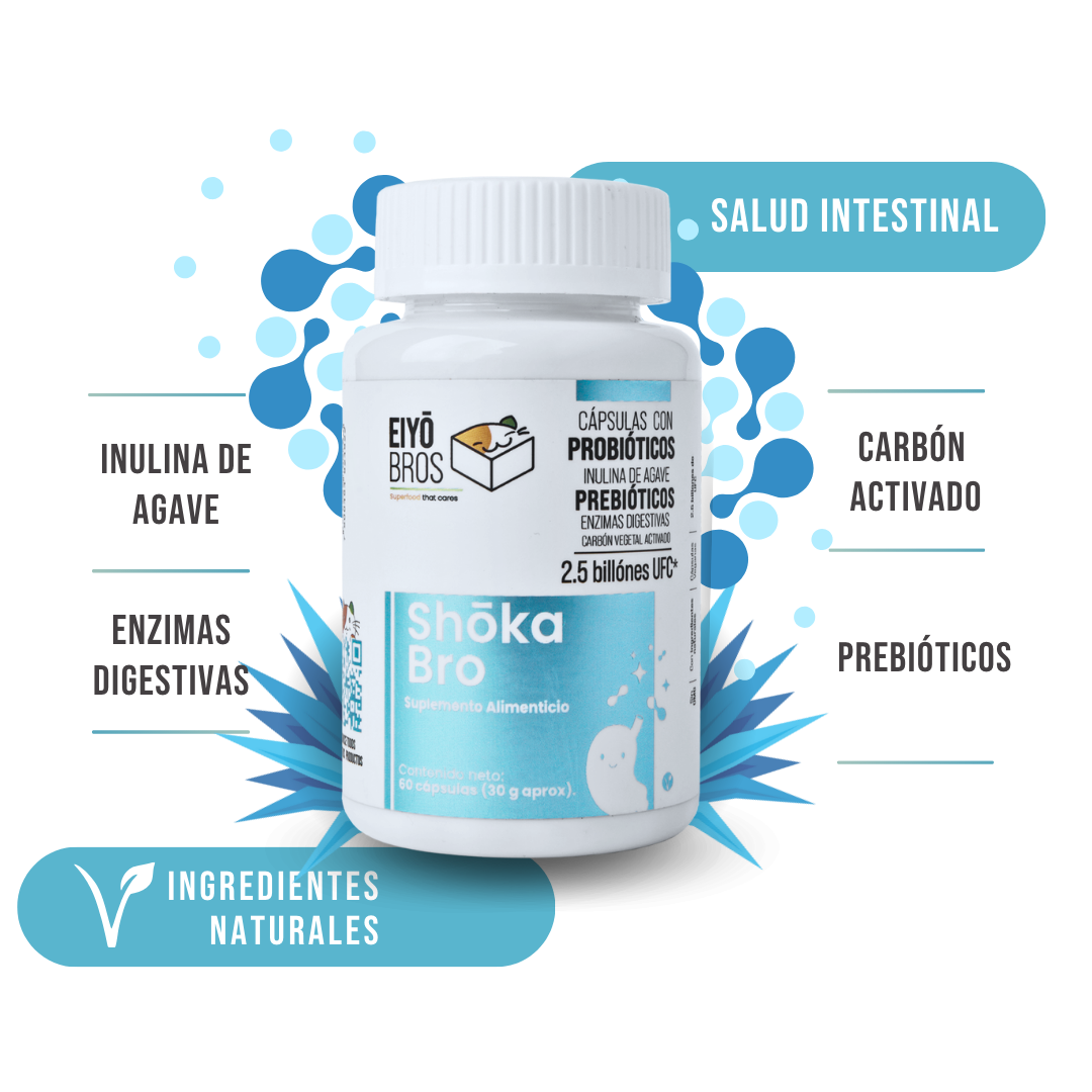 Shoka Bro con 7 sepas de Probióticos, Prebióticos (inulina de agave), Enzimas Digestivas, Carbon Activado y 2.5 billones de UFC (salud digestiva)
