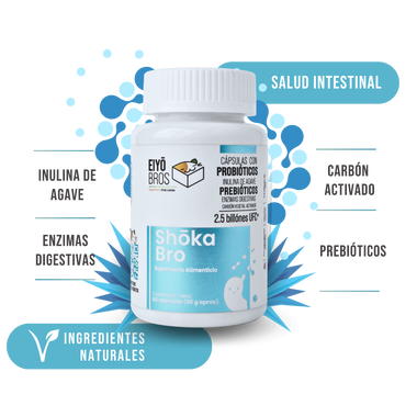 Shoka Bro con 7 sepas de Probióticos, Prebióticos (inulina de agave), Enzimas Digestivas, Carbon Activado y 2.5 billones de UFC (salud digestiva)