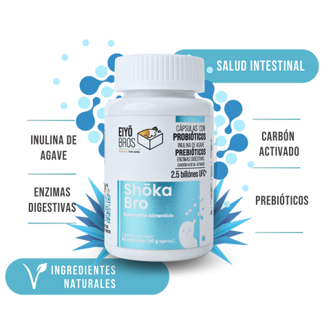 Shoka Bro con 7 sepas de Probióticos, Prebióticos (inulina de agave), Enzimas Digestivas, Carbon Activado y 2.5 billones de UFC (salud digestiva)