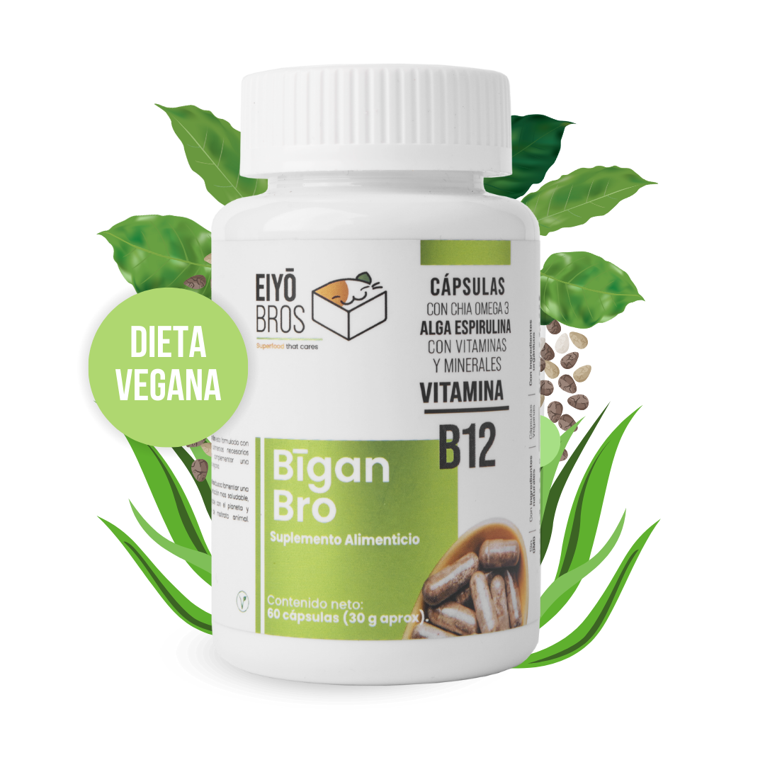 Bigan Bro veganas con chia, omega 3, alga espirulina, vitaminas, minerales y Vitamina B12