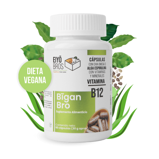 Bigan Bro veganas con chia, omega 3, alga espirulina, vitaminas, minerales y Vitamina B12