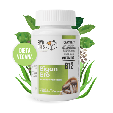 Bigan Bro veganas con chia, omega 3, alga espirulina, vitaminas, minerales y Vitamina B12