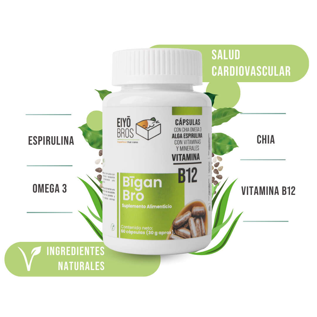 Bigan Bro veganas con chia, omega 3, alga espirulina, vitaminas, minerales y Vitamina B12