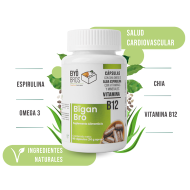 Bigan Bro veganas con chia, omega 3, alga espirulina, vitaminas, minerales y Vitamina B12