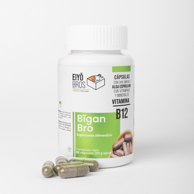 Bigan Bro veganas con chia, omega 3, alga espirulina, vitaminas, minerales y Vitamina B12