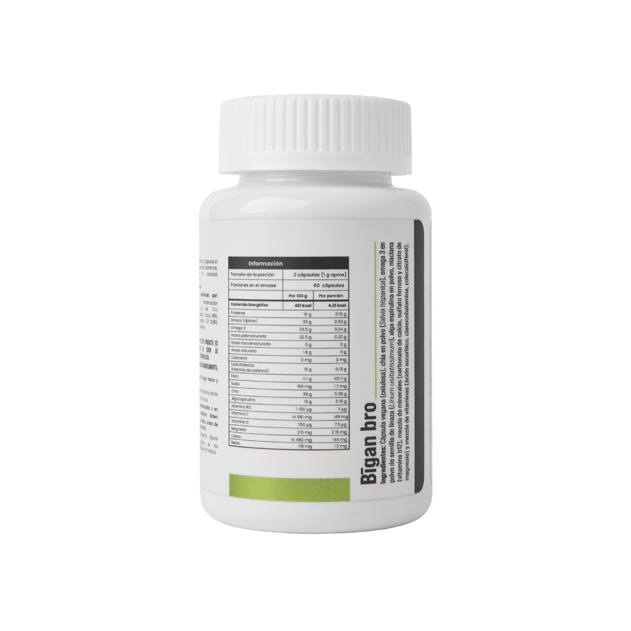 Bigan Bro veganas con chia, omega 3, alga espirulina, vitaminas, minerales y Vitamina B12