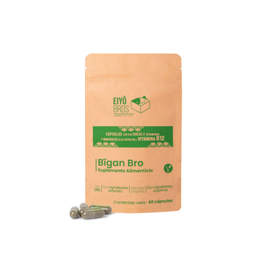 Bigan Bro veganas con chia, omega 3, alga espirulina, vitaminas, minerales y Vitamina B12
