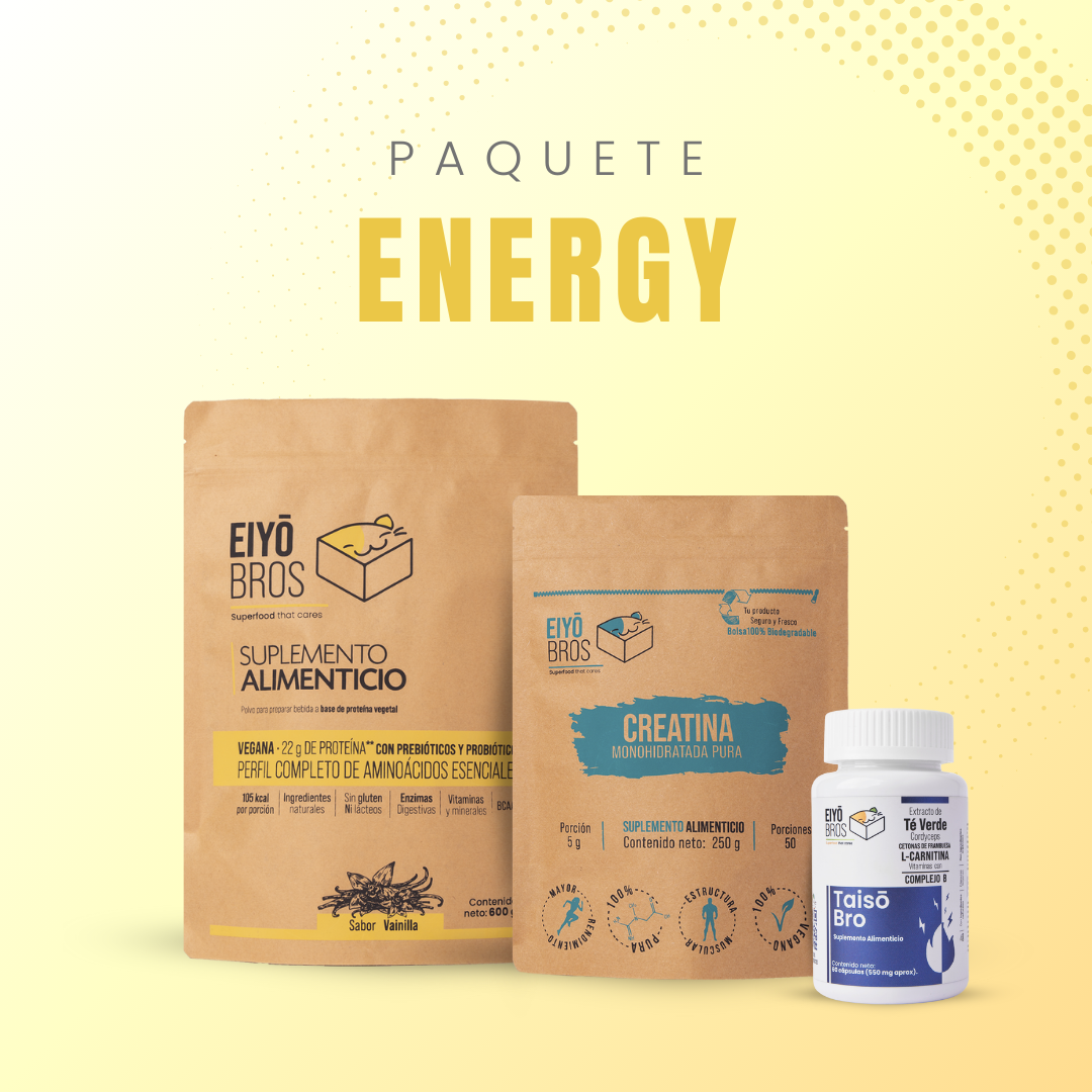 Paquete Energy (Proteina Vegana Chocolate Cápsulas Taiso y Creatina Monohidratada)