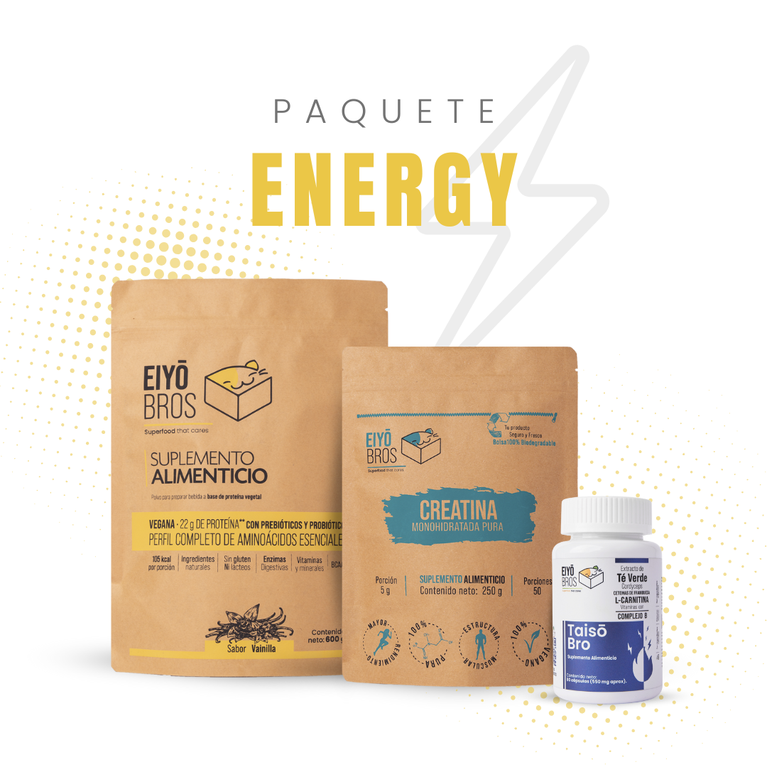 Paquete Energy (Proteina Vegana Chocolate Cápsulas Taiso y Creatina Monohidratada)