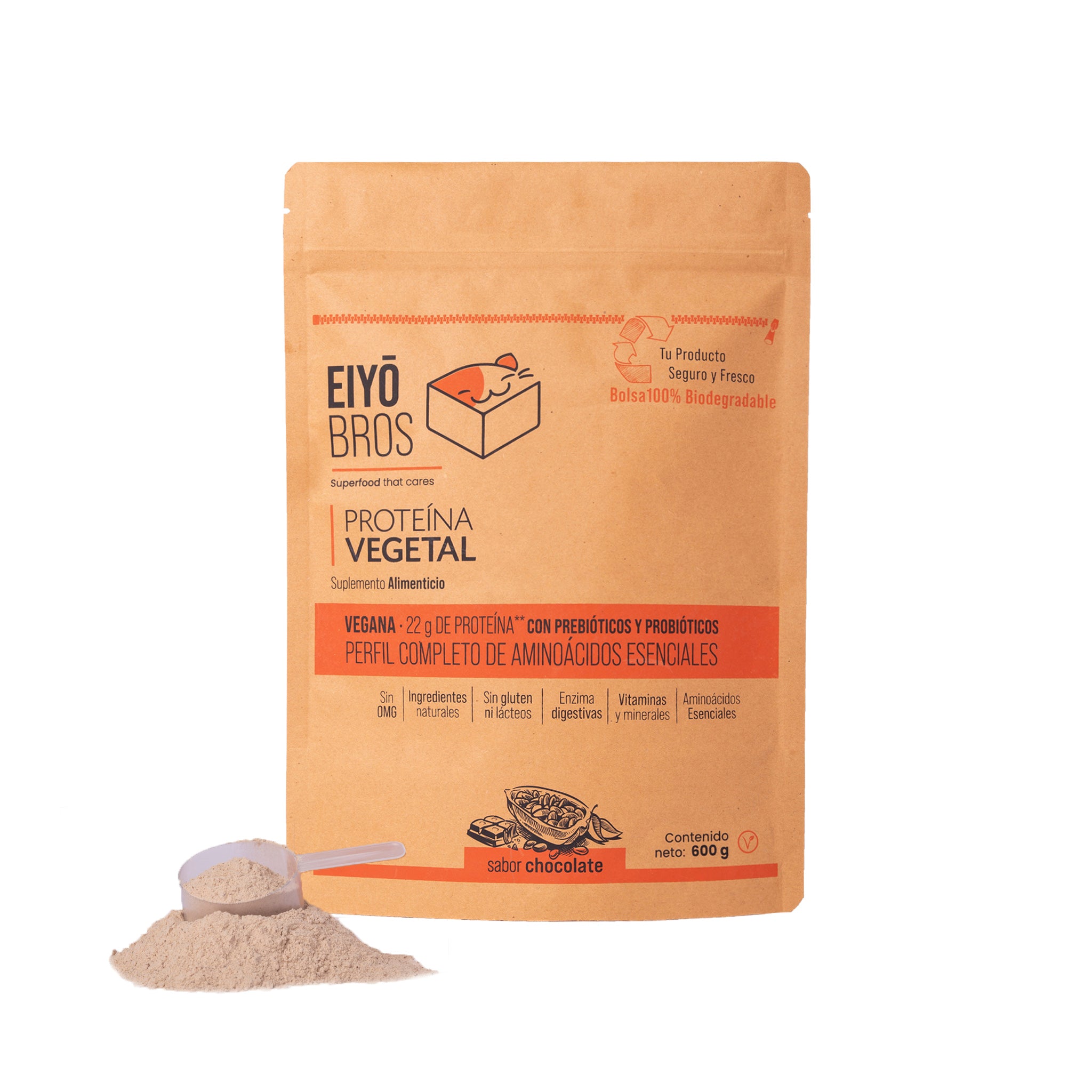 Proteína vegetal sabor chocolate 600 g empaque 100% biodegradable