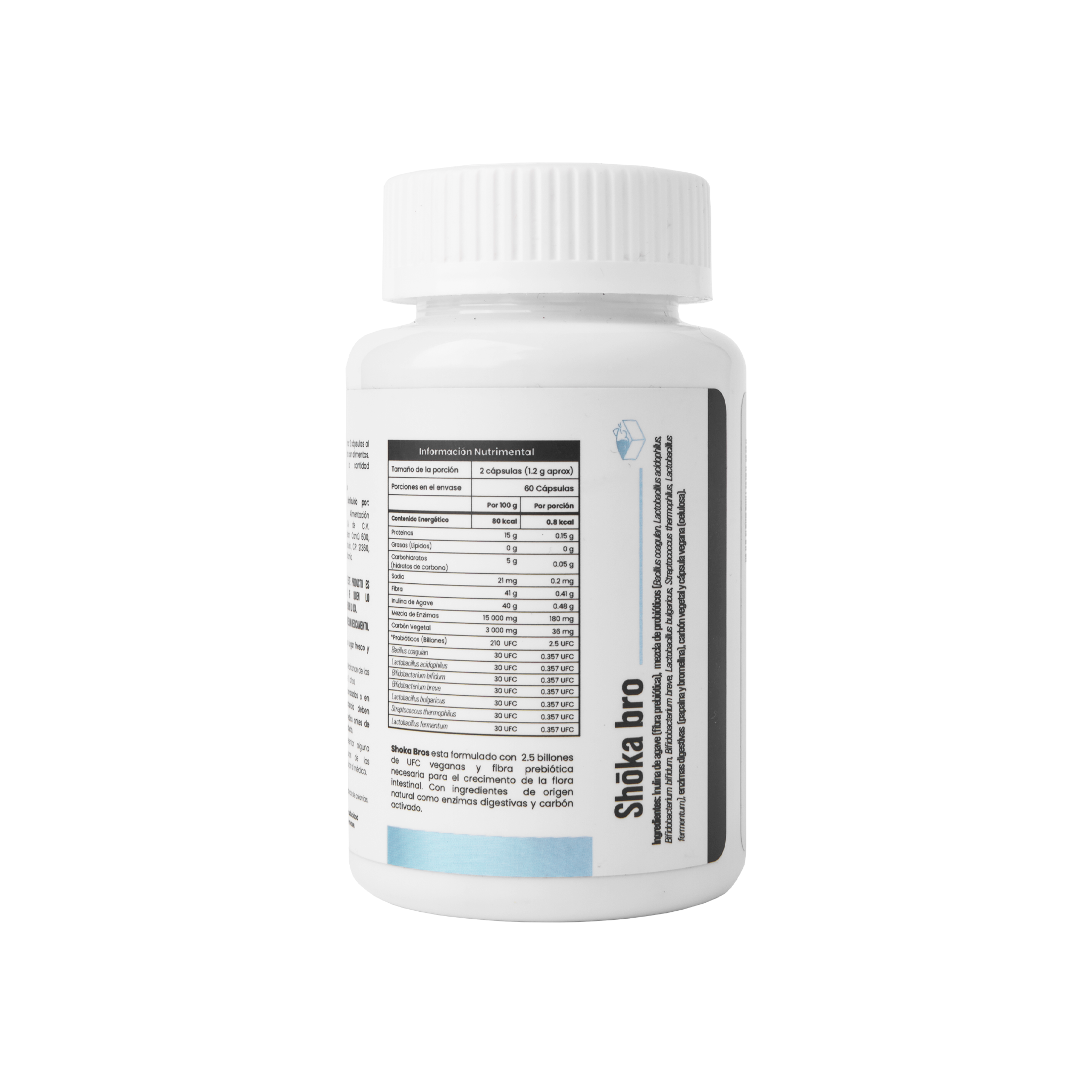 Shoka Bro con 7 sepas de Probióticos, Prebióticos (inulina de agave), Enzimas Digestivas, Carbon Activado y 2.5 billones de UFC (salud digestiva)