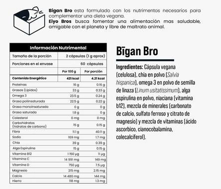 Bigan Bro veganas con chia, omega 3, alga espirulina, vitaminas, minerales y Vitamina B12