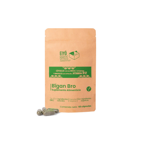 Bigan Bro veganas con chia, omega 3, alga espirulina, vitaminas, minerales y Vitamina B12 - Eiyo