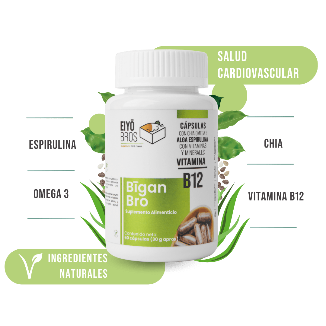 Bigan Bro veganas con chia, omega 3, alga espirulina, vitaminas, minerales y Vitamina B12 - Eiyo