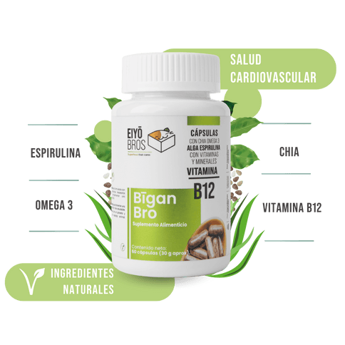 Bigan Bro veganas con chia, omega 3, alga espirulina, vitaminas, minerales y Vitamina B12 - Eiyo