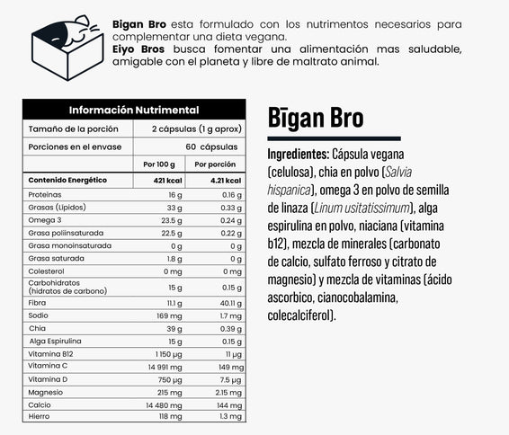 Bigan Bro veganas con chia, omega 3, alga espirulina, vitaminas, minerales y Vitamina B12 - Eiyo