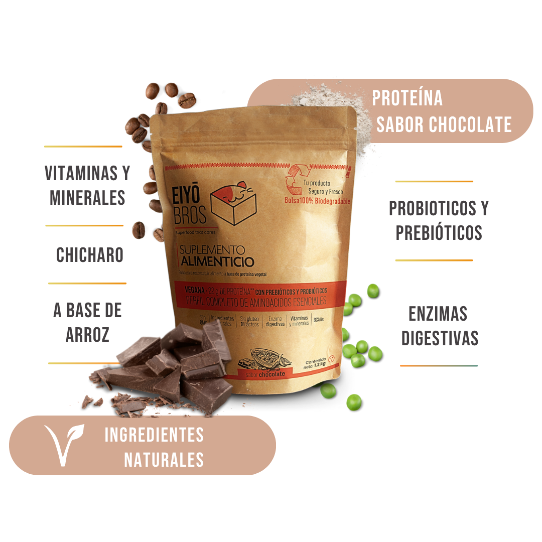 Proteína vegetal sabor chocolate 600 g empaque 100% biodegradable