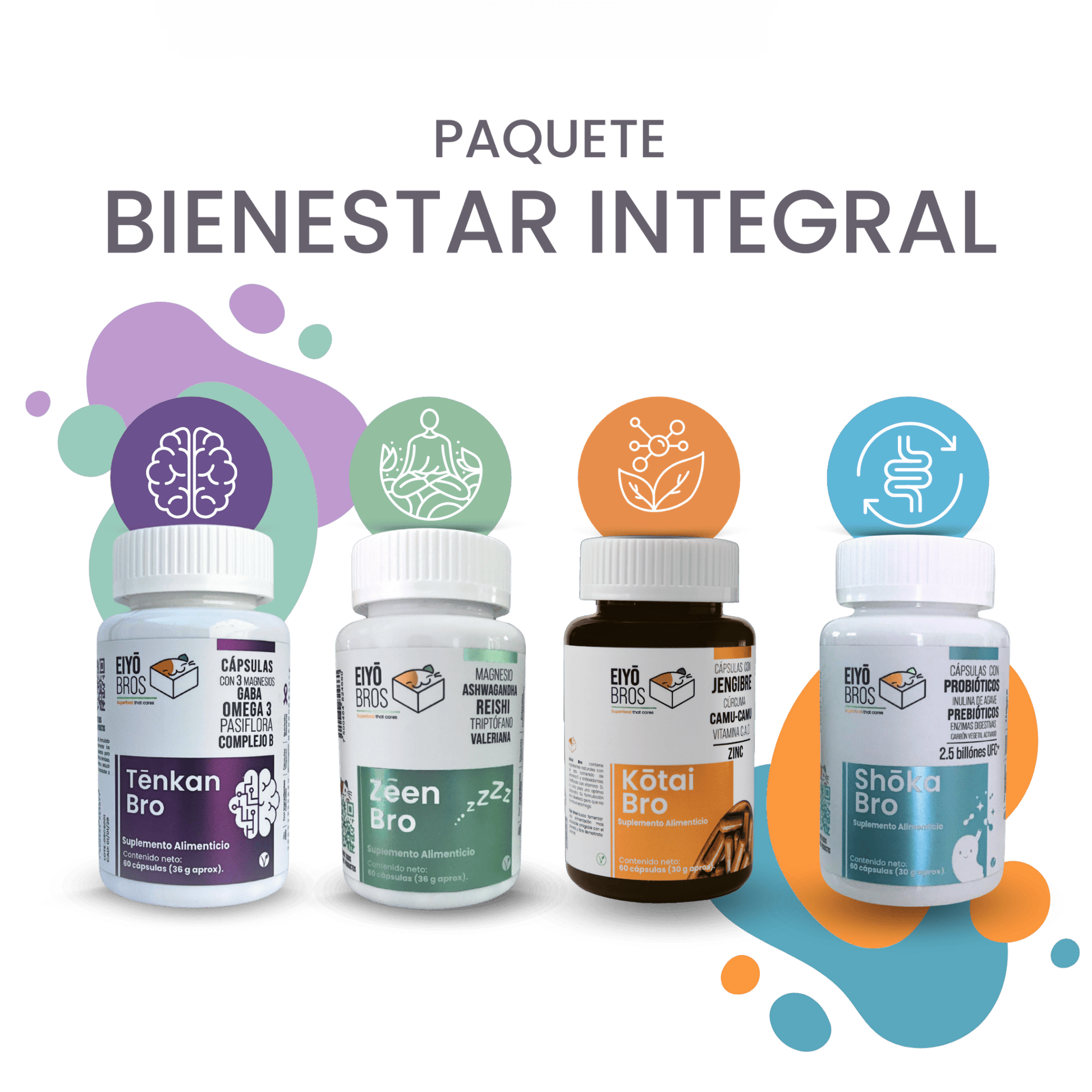 Paquete Bienestar Integral Incluye 4 botes de Cápsulas (Tenkan, Zeen, Kotai y Shoka) Eiyo Bros - Eiyo