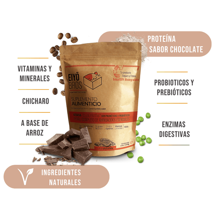 Proteína vegetal sabor chocolate 600 g empaque 100% biodegradable - Eiyo