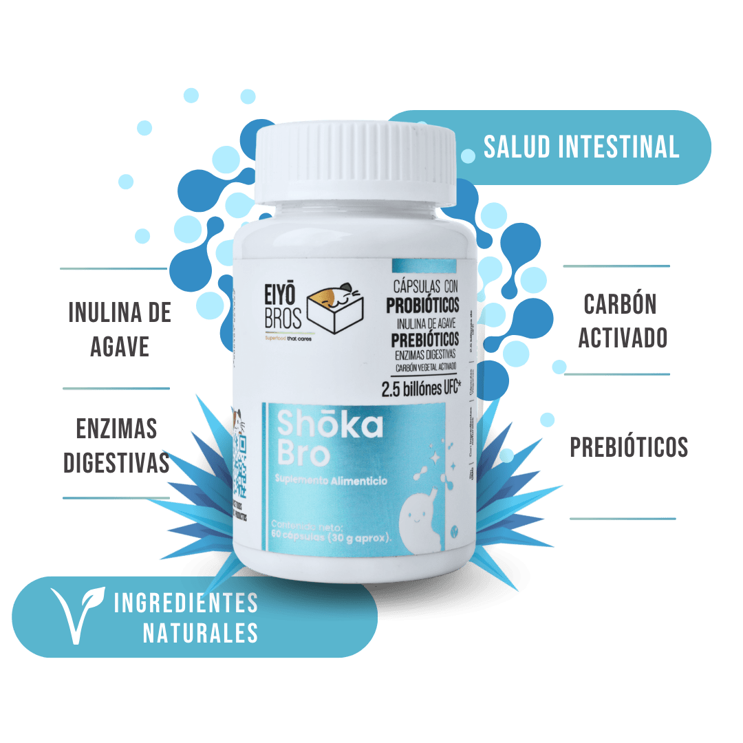 Shoka Bro con 7 sepas de Probióticos, Prebióticos (inulina de agave), Enzimas Digestivas, Carbon Activado y 2.5 billones de UFC (salud digestiva) - Eiyo