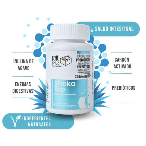 Shoka Bro con 7 sepas de Probióticos, Prebióticos (inulina de agave), Enzimas Digestivas, Carbon Activado y 2.5 billones de UFC (salud digestiva) - Eiyo