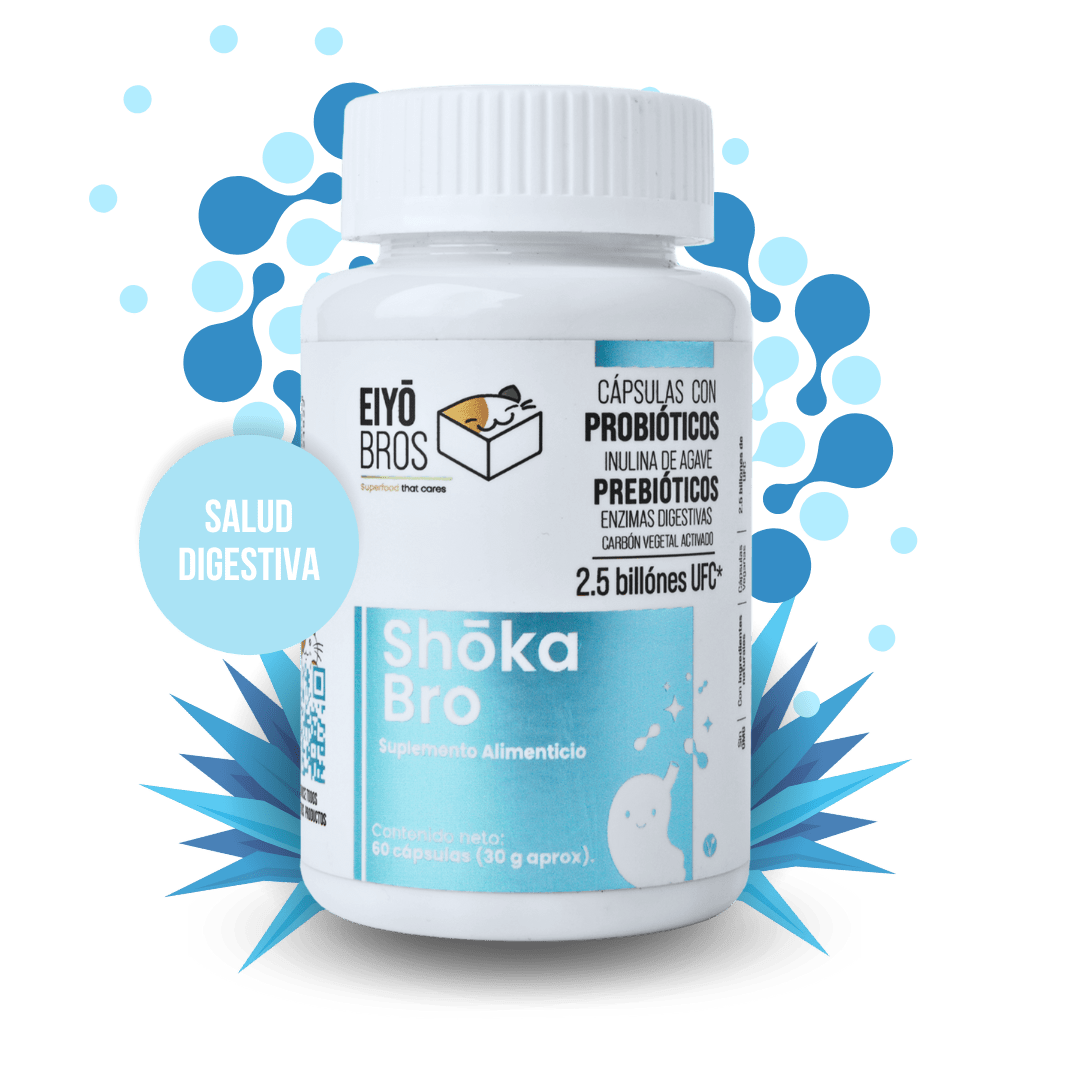 Shoka Bro con 7 sepas de Probióticos, Prebióticos (inulina de agave), Enzimas Digestivas, Carbon Activado y 2.5 billones de UFC (salud digestiva) - Eiyo