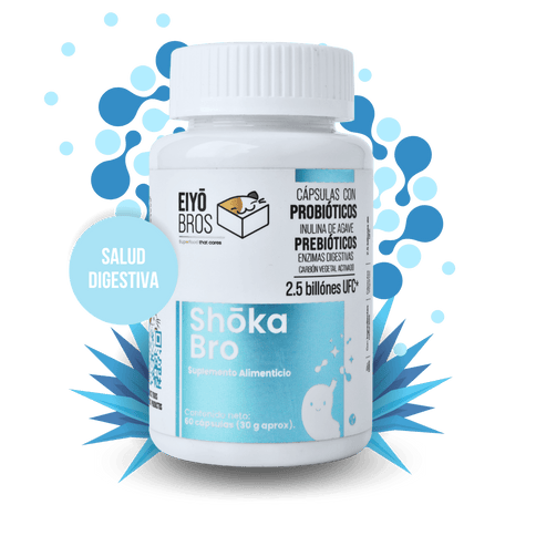 Shoka Bro con 7 sepas de Probióticos, Prebióticos (inulina de agave), Enzimas Digestivas, Carbon Activado y 2.5 billones de UFC (salud digestiva) - Eiyo
