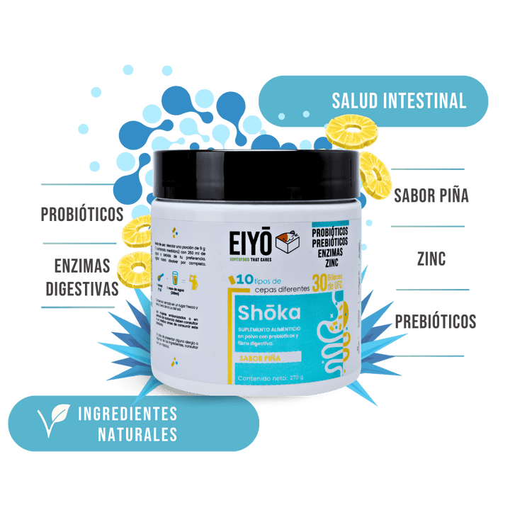Shoka en Polvo – 10 Cepas de Probióticos y Prebióticos, Enzimas, Zinc y 30 Billones de UFC - Eiyo